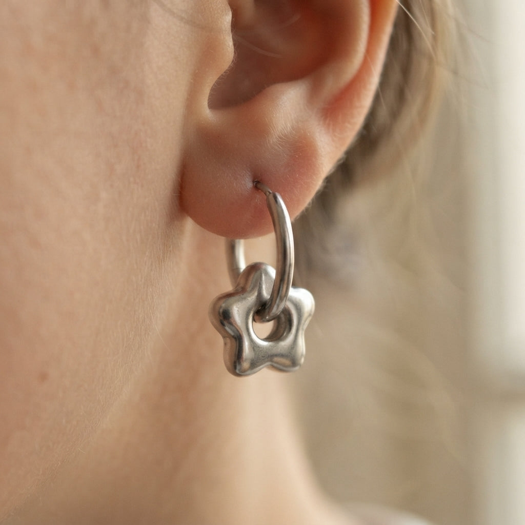 Puffy Chrome Flower Charm Hoop Earrings
