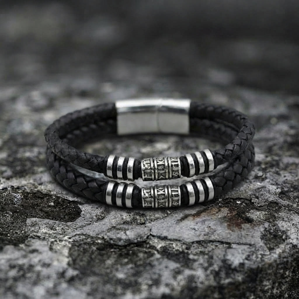 Runic Bead Double Leather Bracelet