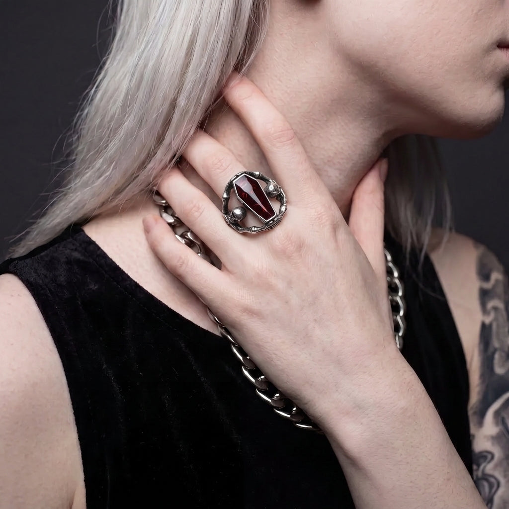 Coffin Stone Ring with Skeleton Hand and Skull Details