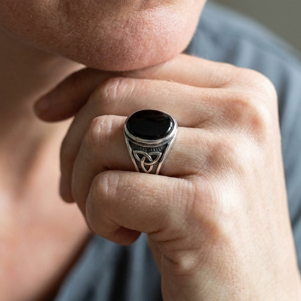 Black Onyx Celtic Triquetra Oval Ring