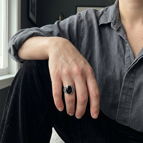 Black Onyx Celtic Triquetra Oval Ring