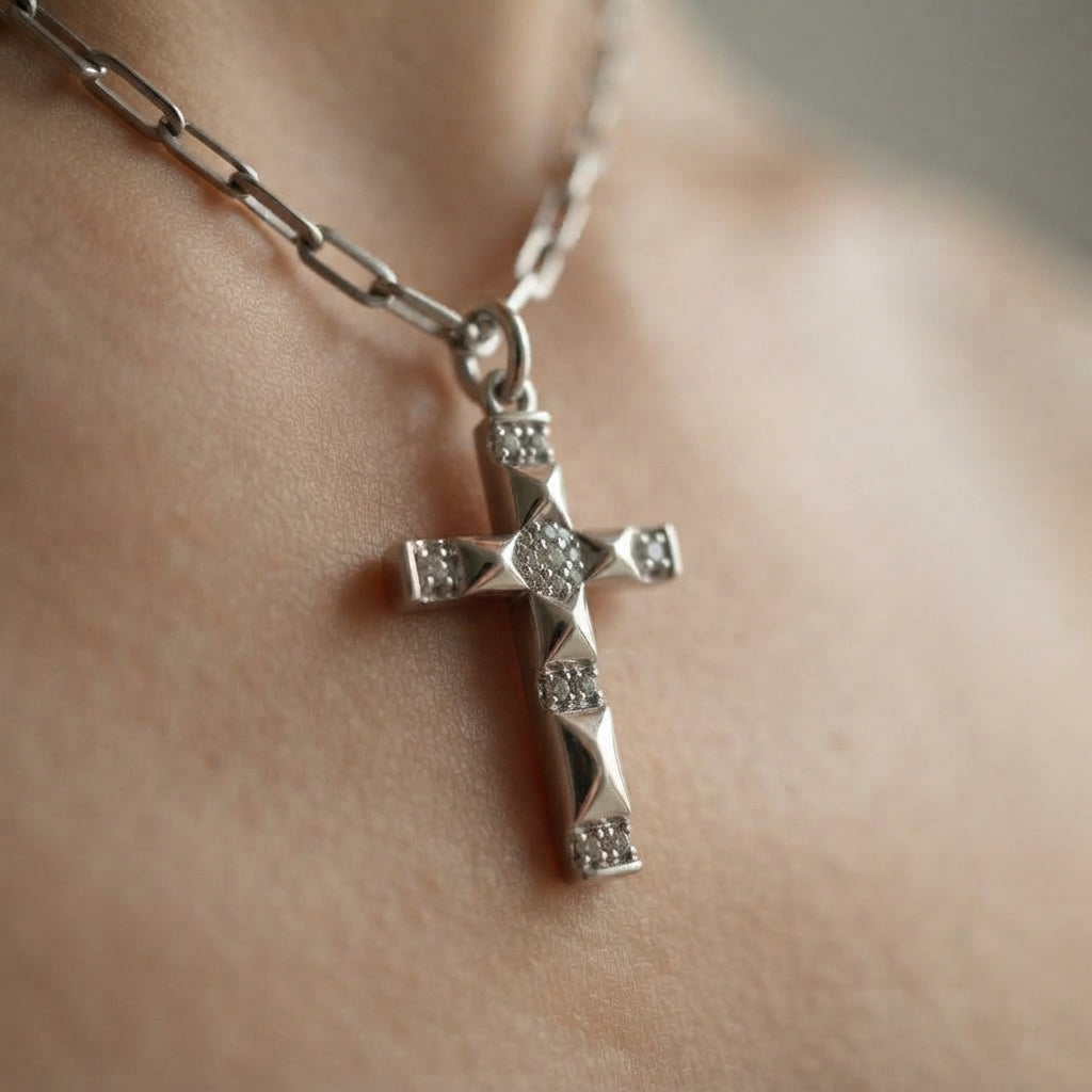 Antiqued Studded Pyramid Cross Paperclip Chain Necklace
