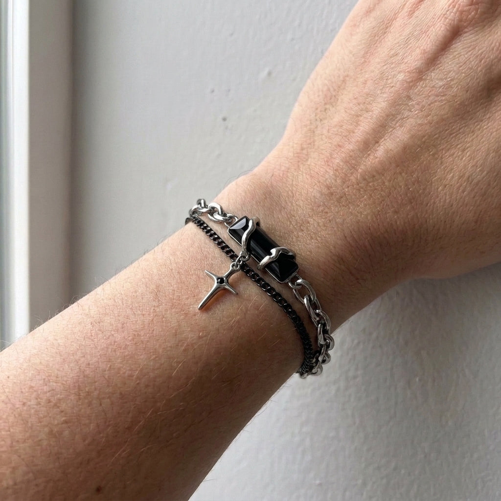 Obsidian Shard Star Charm Dual-Chain Bracelet
