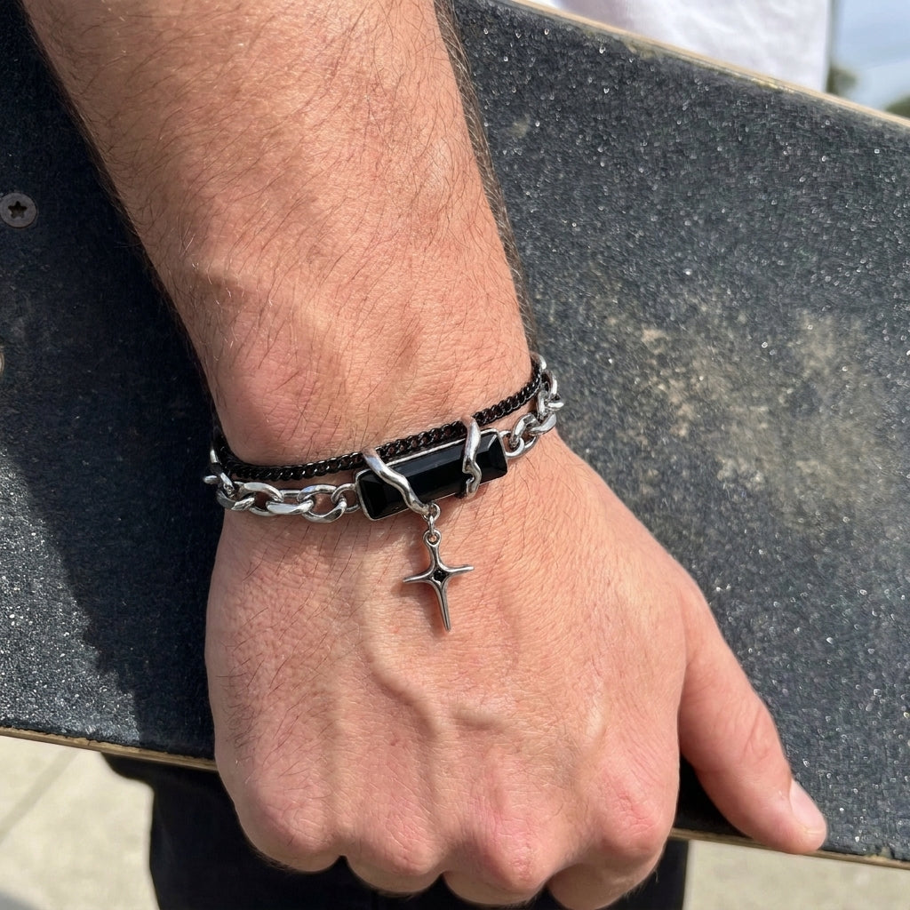 Obsidian Shard Star Charm Dual-Chain Bracelet