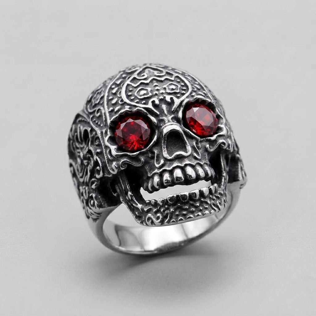 Skull Ring with Red Crystal Eyes