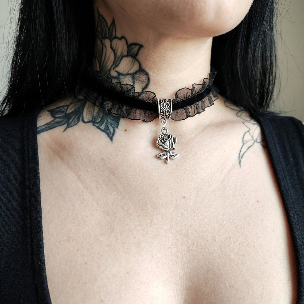 Ruffled Lace Rose Gothic Choker Necklace