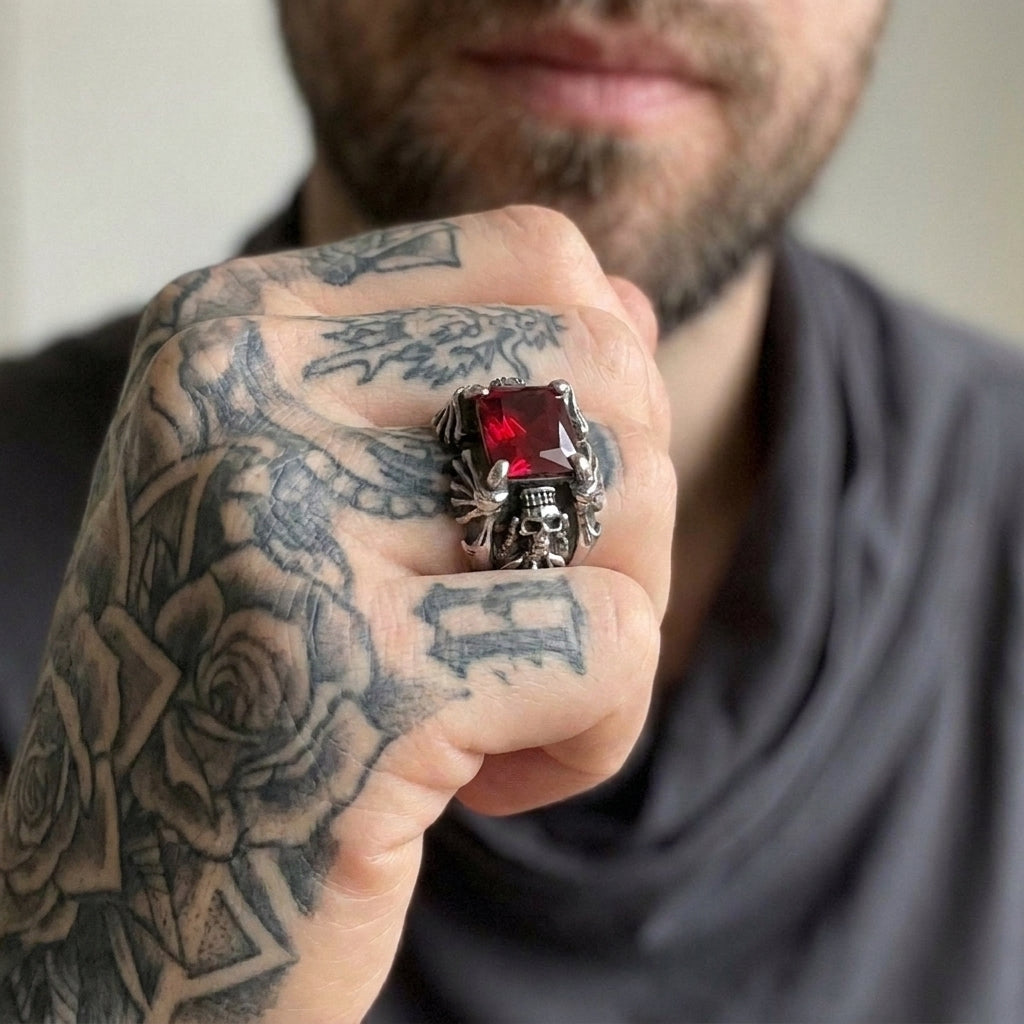 Red Cushion Crystal Skull Claw Statement Ring