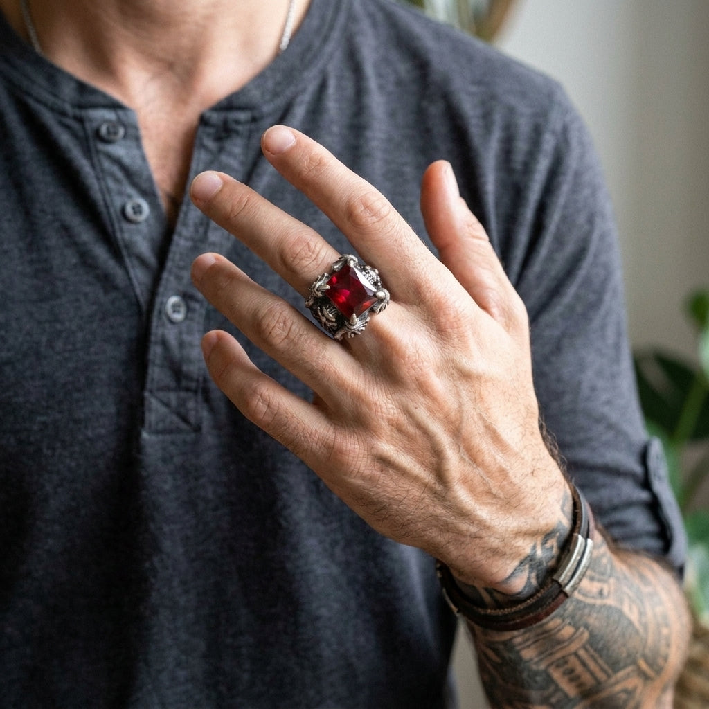 Red Cushion Crystal Skull Claw Statement Ring