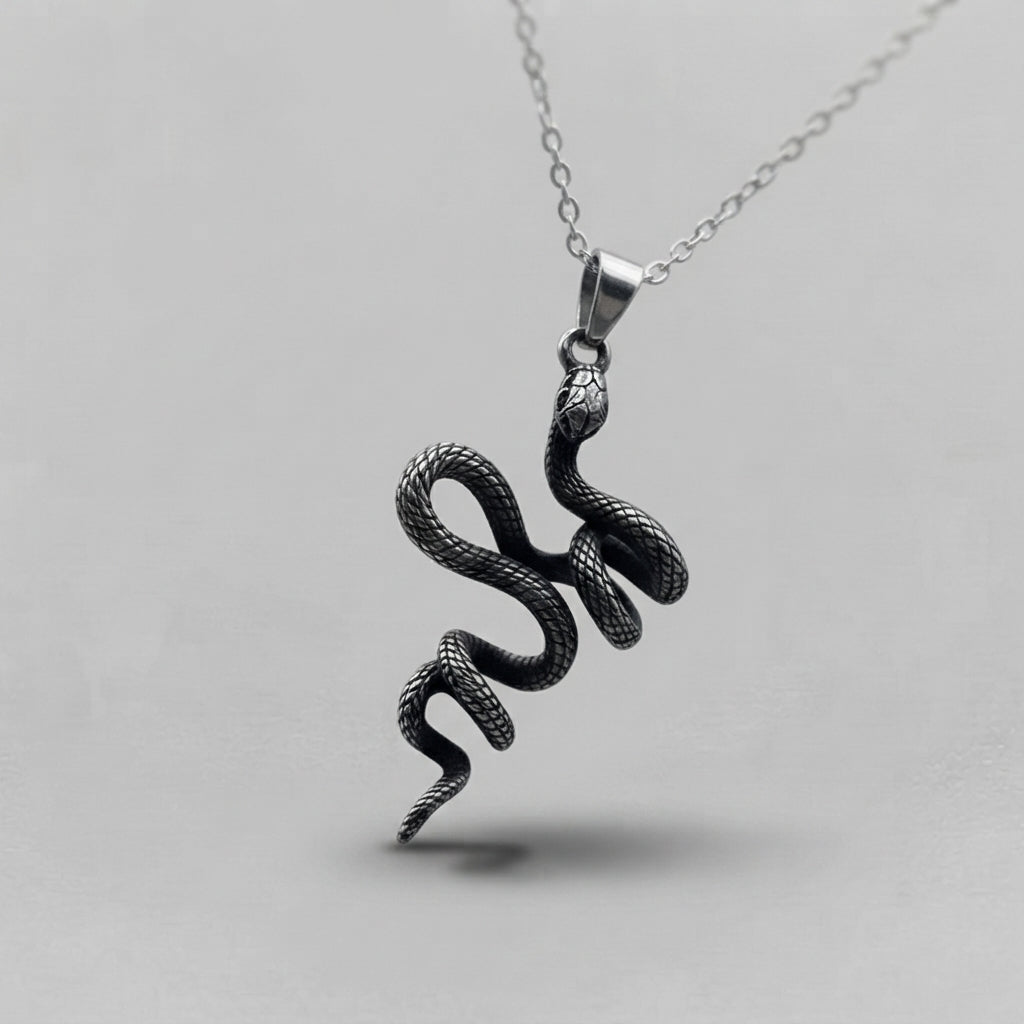 Oxidized Silver Snake Pendant Necklace