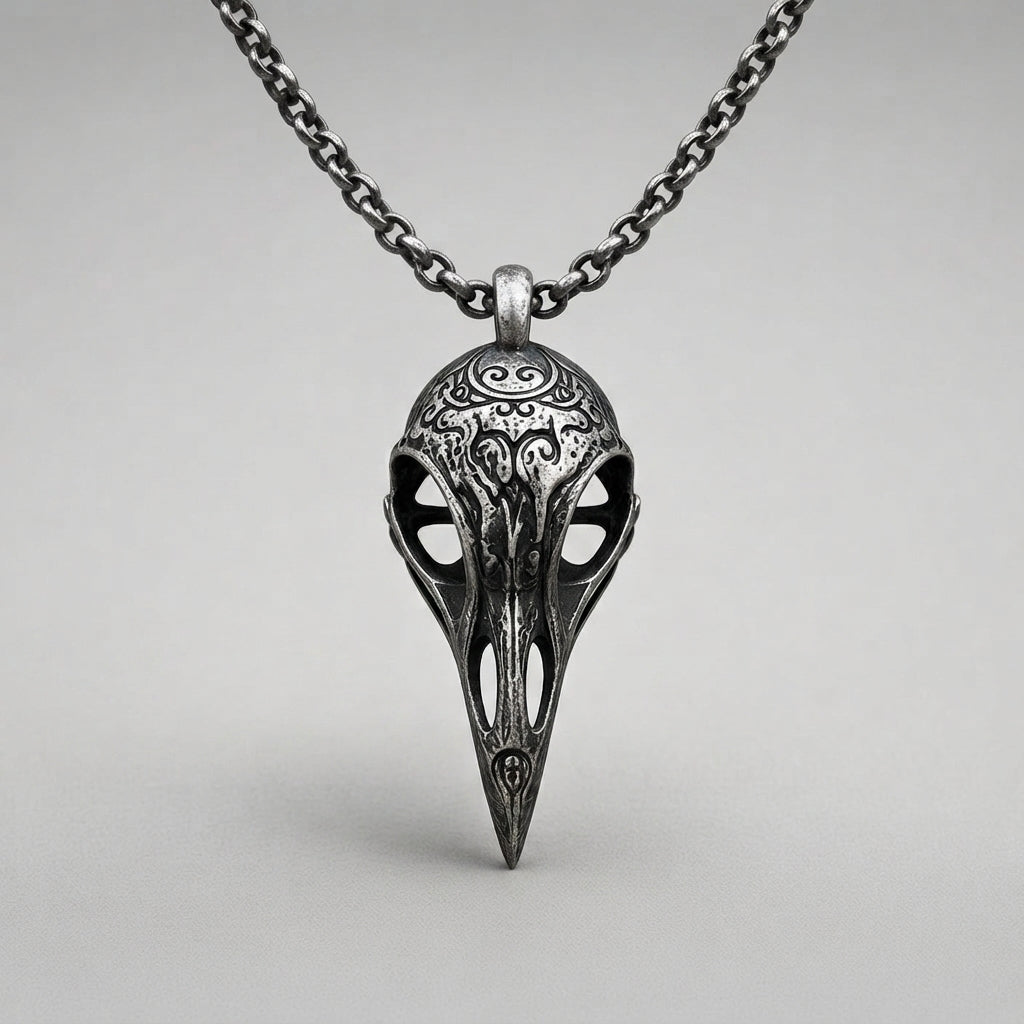 Carved Raven Skull Necklace