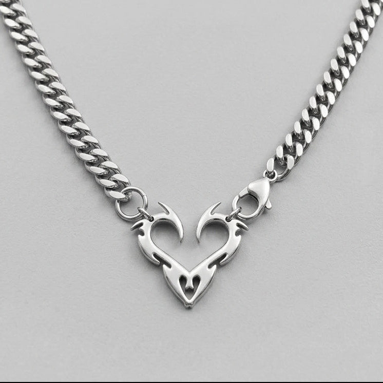 Flame Heart Clasp Cuban Chain Necklace