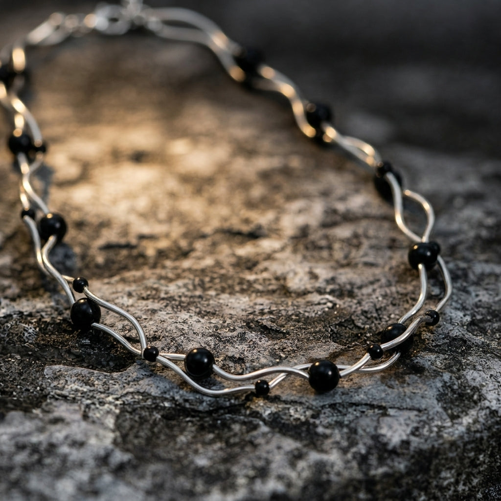 Twisted Bar & Black Bead Choker Necklace