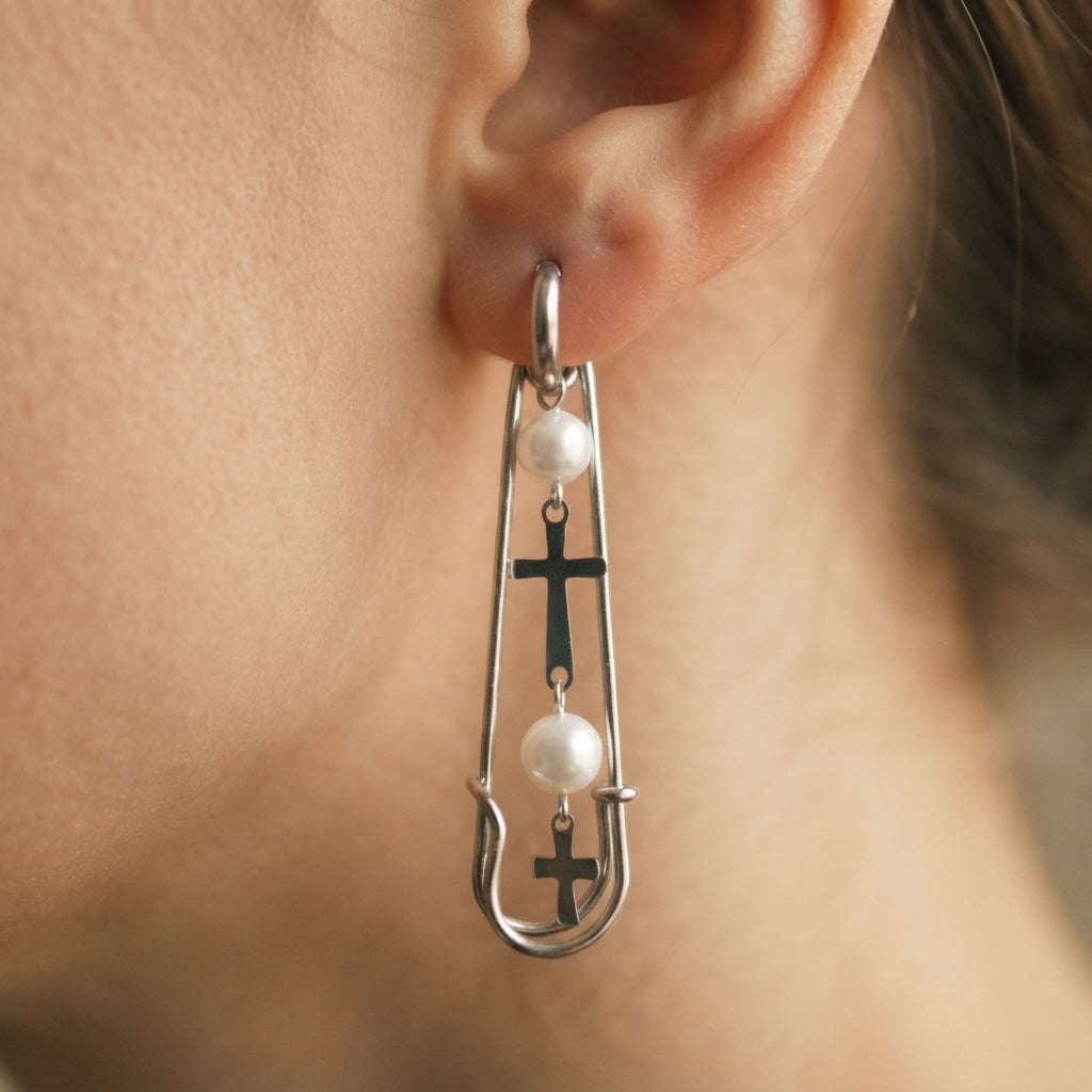 Safety Pin Pearl & Cross Drop Earrings