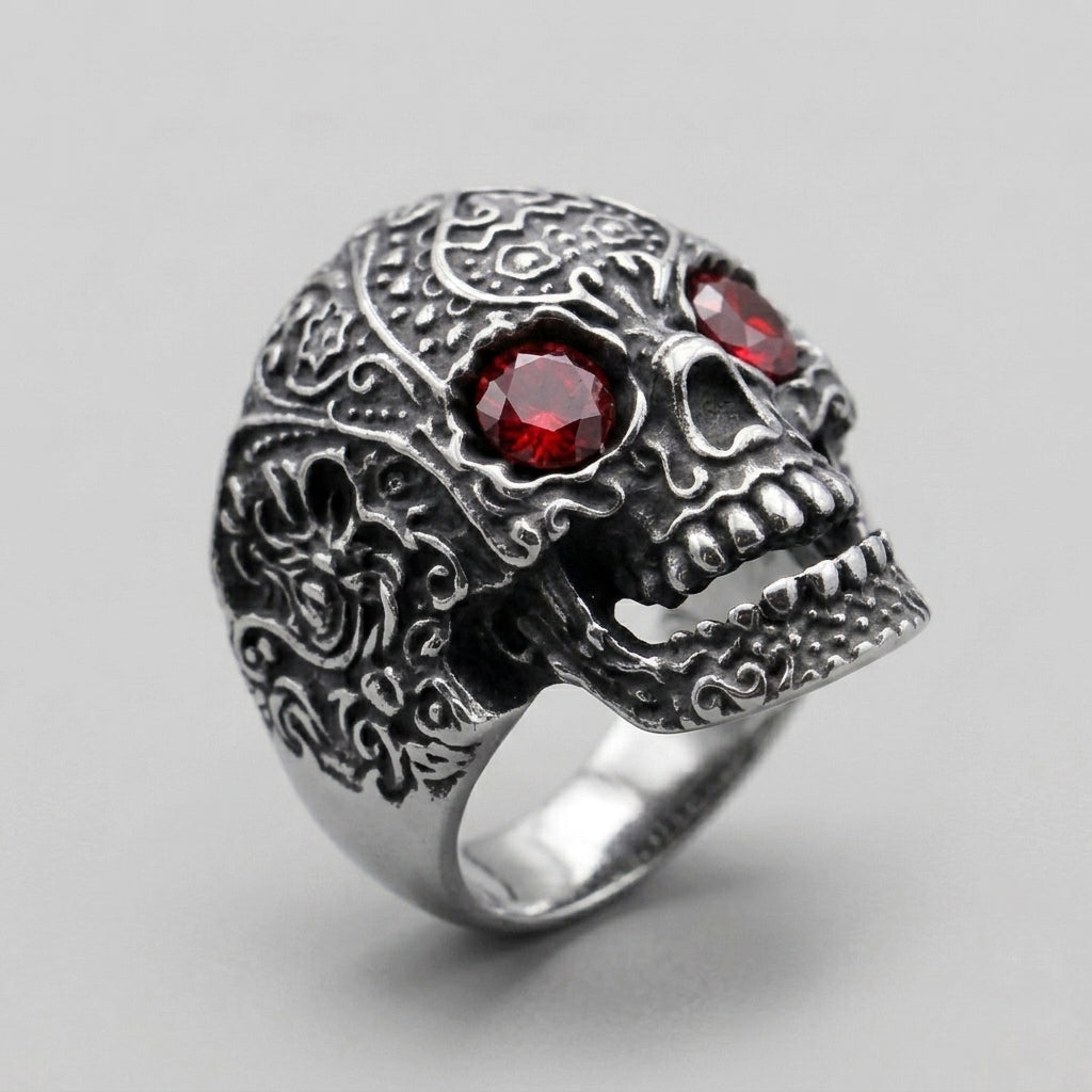 Skull Ring with Red Crystal Eyes