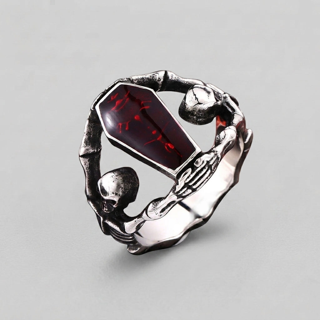 Coffin Stone Ring with Skeleton Hand and Skull Details