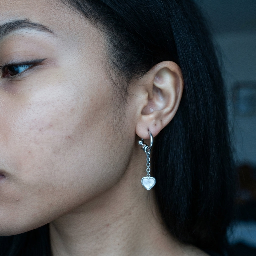 Mother of Pearl Heart Chain Drop C-Hoop Earrings