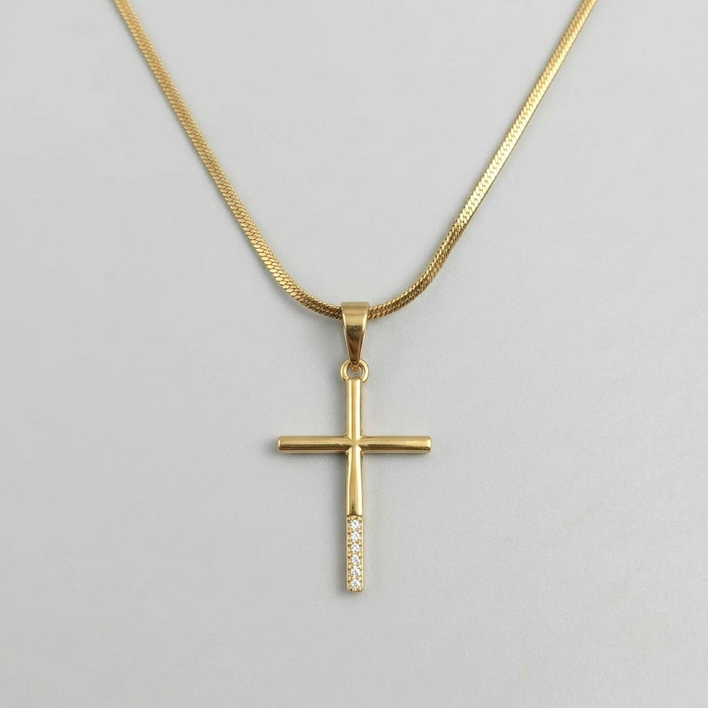 Gold Slim Crystal Drop Cross Snake Chain Necklace