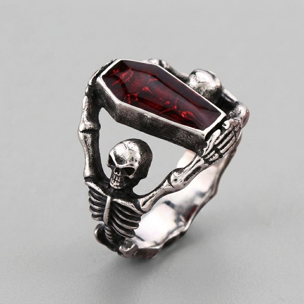 Coffin Stone Ring with Skeleton Hand and Skull Details