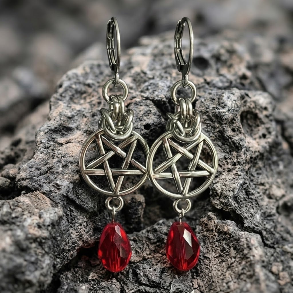 Blood Red Teardrop Pentagram Chainmaille Earrings