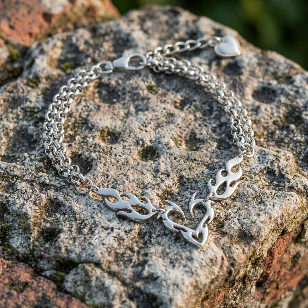 Tribal Flame Heart Double Rolo Chain Choker Necklace