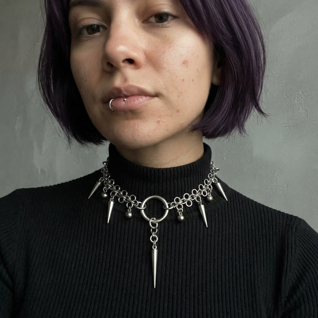 Spike & Ball Fringe O Ring Chainmail Choker
