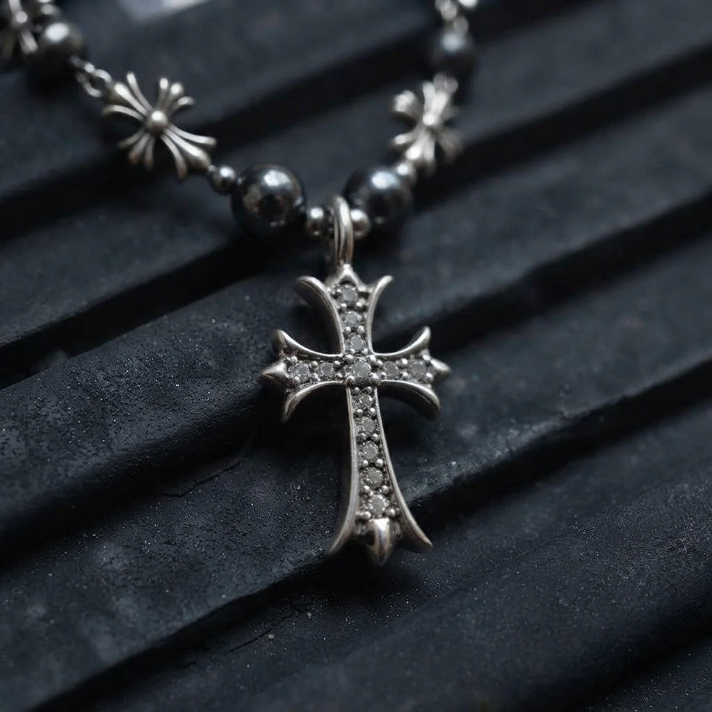 Crystal Cross & Cross Bead Figaro Necklace