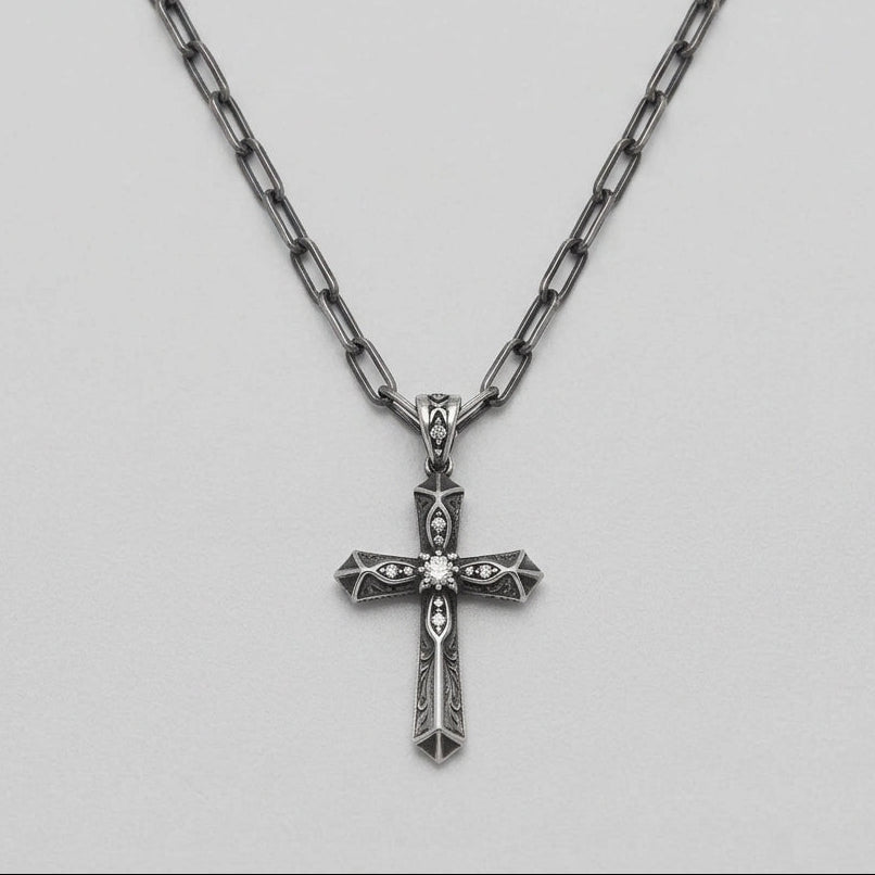 Antiqued Gothic Fleur Cross Paperclip Chain Necklace