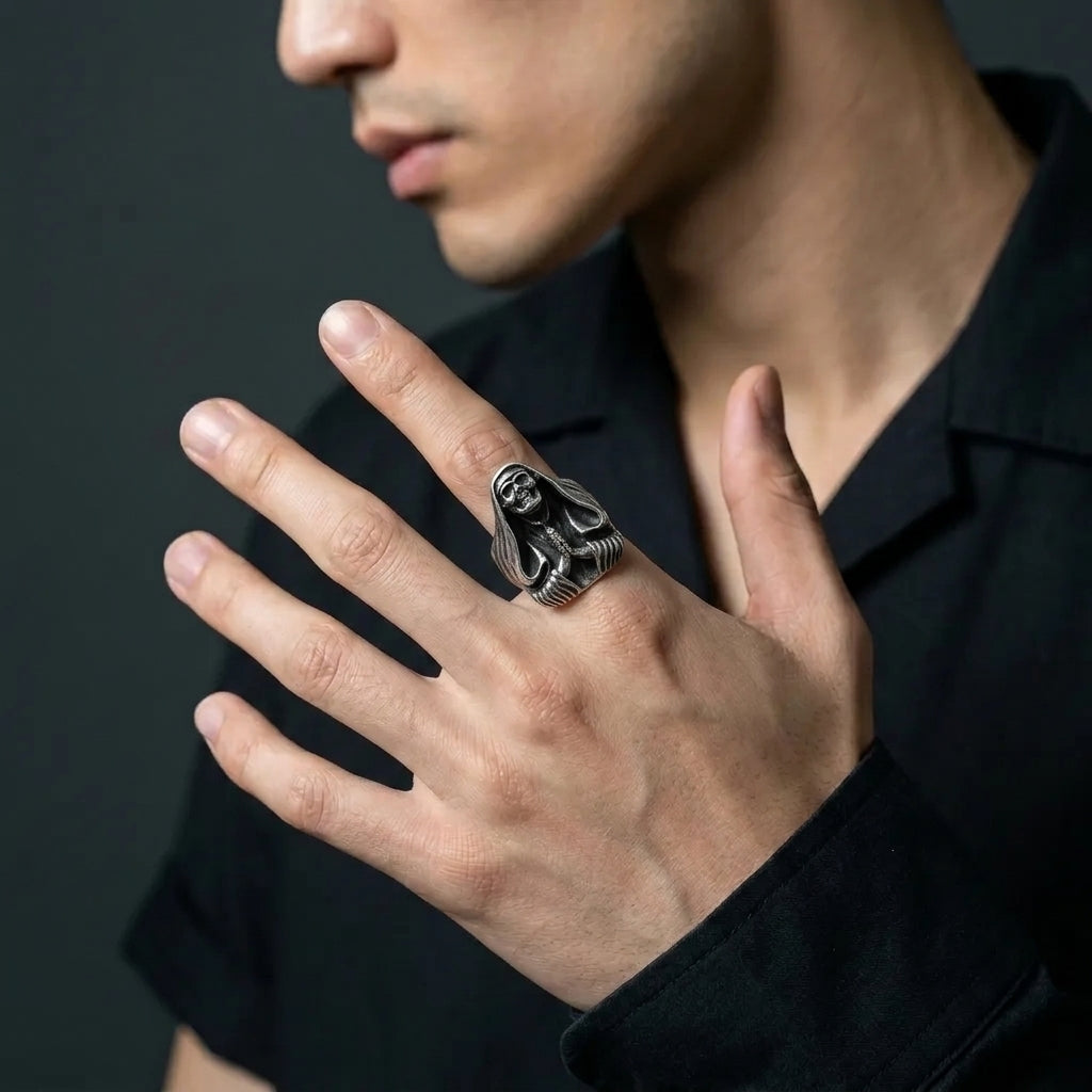 Hooded Grim Reaper Ring with Praying Skeleton Hands