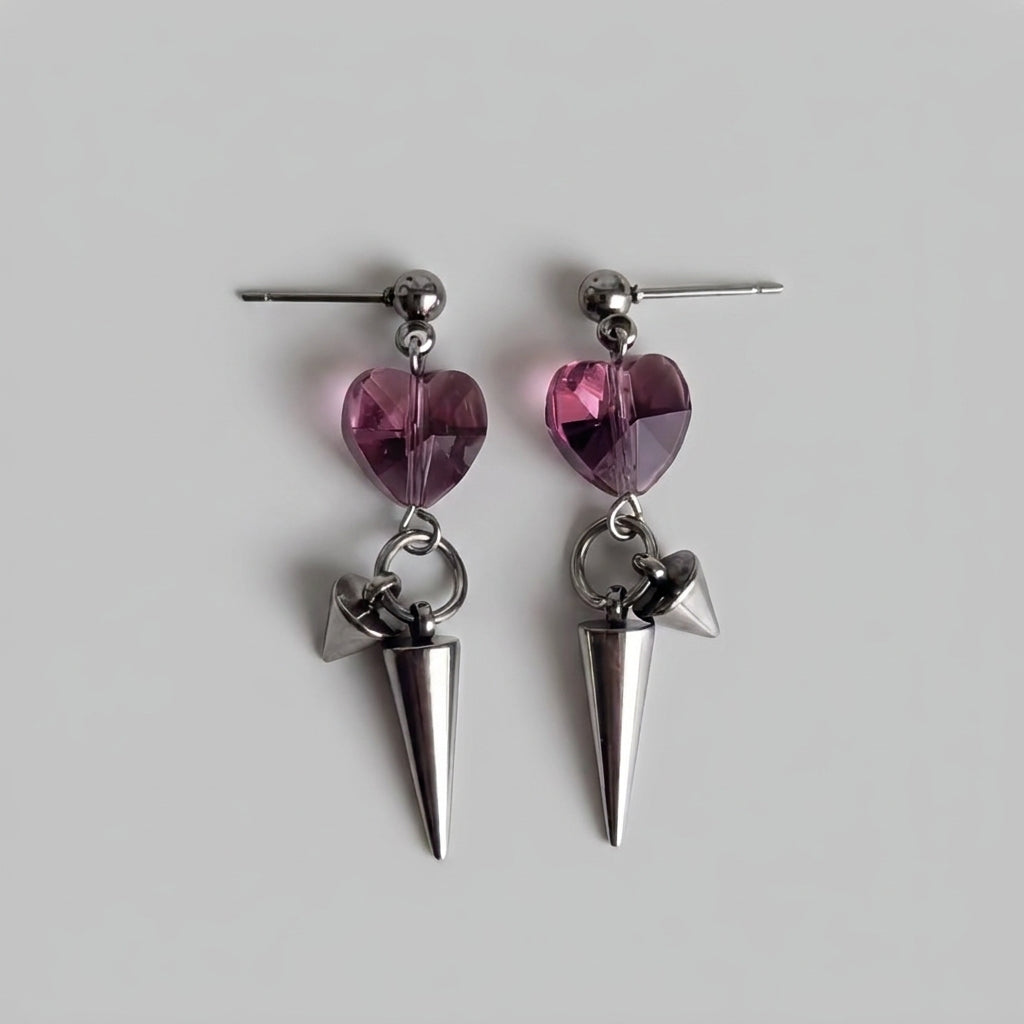 Amethyst Crystal Heart Spike Drop Earrings