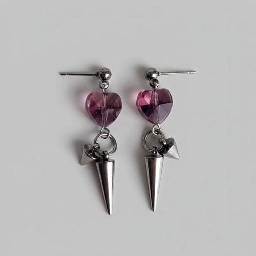 Amethyst Crystal Heart Spike Drop Earrings