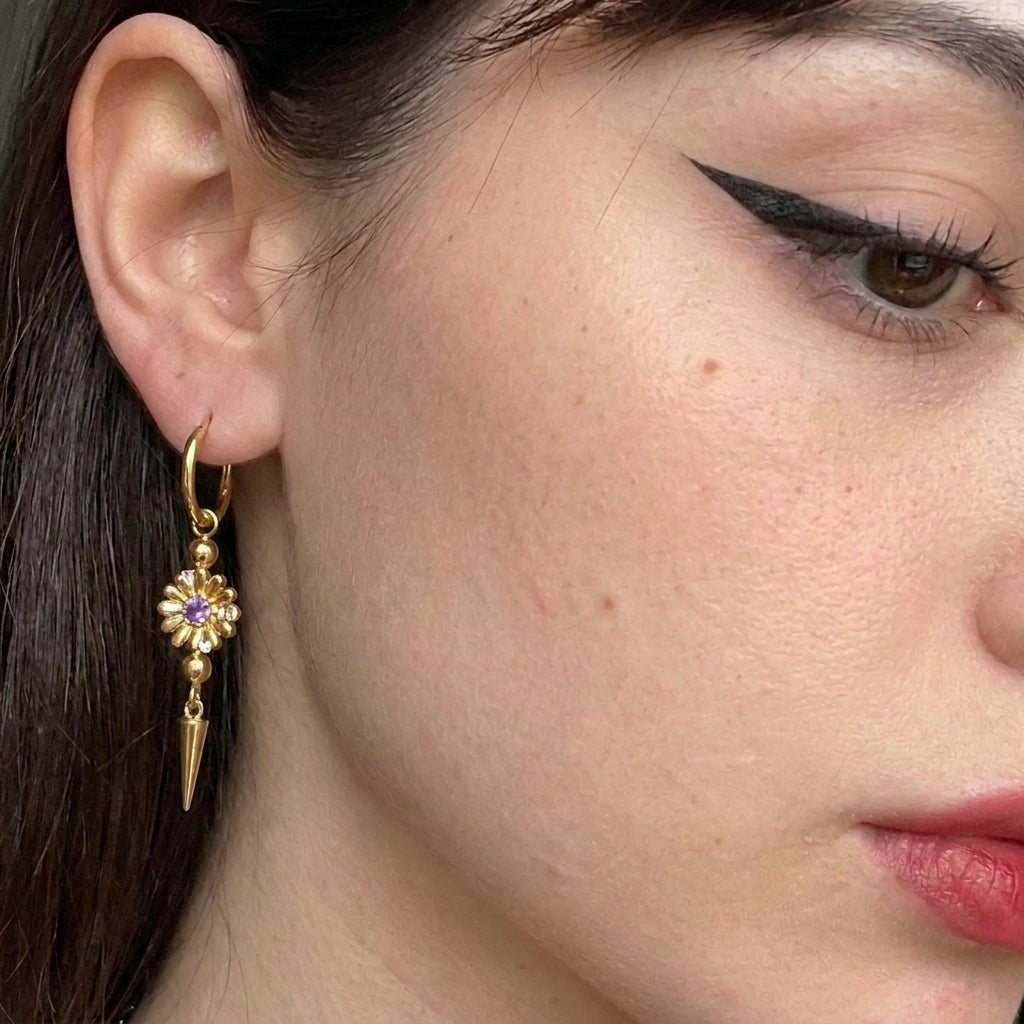 Gold Amethyst Crystal Daisy Spike Drop Hoop Earrings