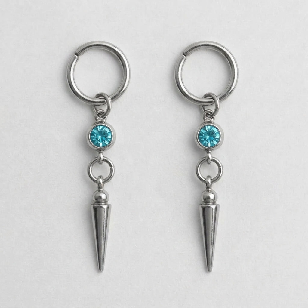 Aqua Crystal Bezel Spike Drop Hoop Earrings