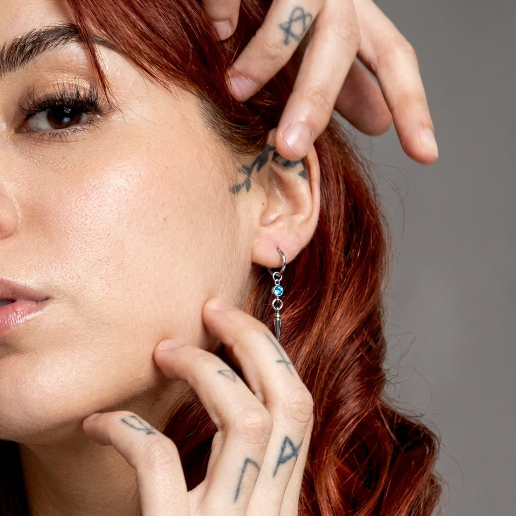 Aqua Crystal Bezel Spike Drop Hoop Earrings
