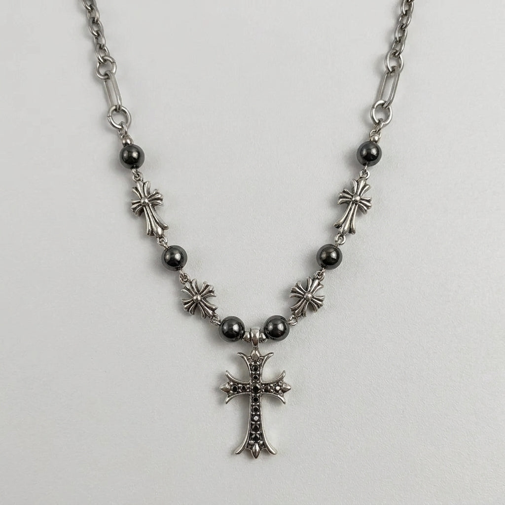 Black Crystal Cross & Hematite Bead Necklace