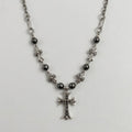 Black Crystal Cross & Hematite Bead Necklace