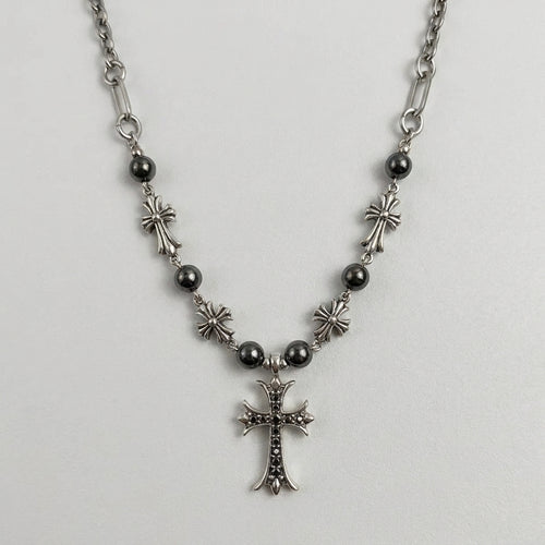 Black Crystal Cross & Hematite Bead Necklace