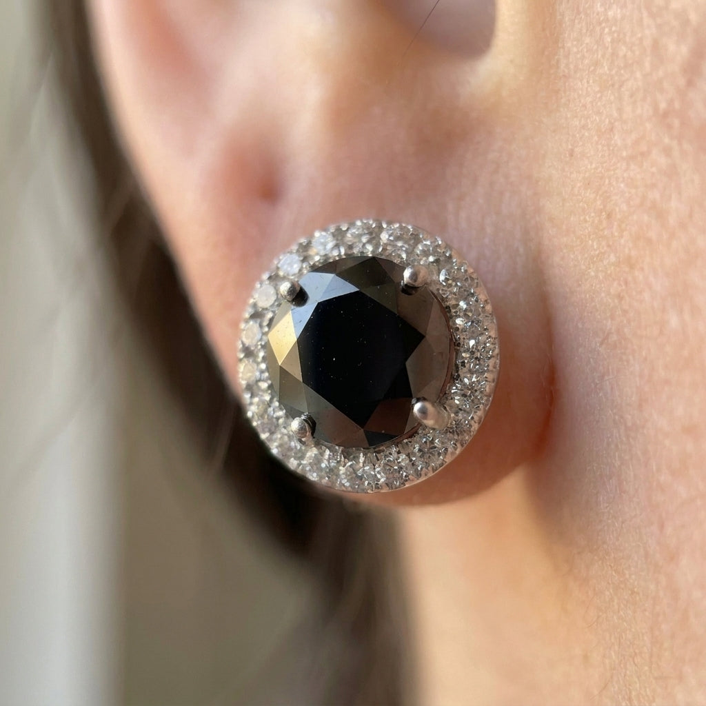 Black Diamond Halo Stud Earrings in Sterling Silver