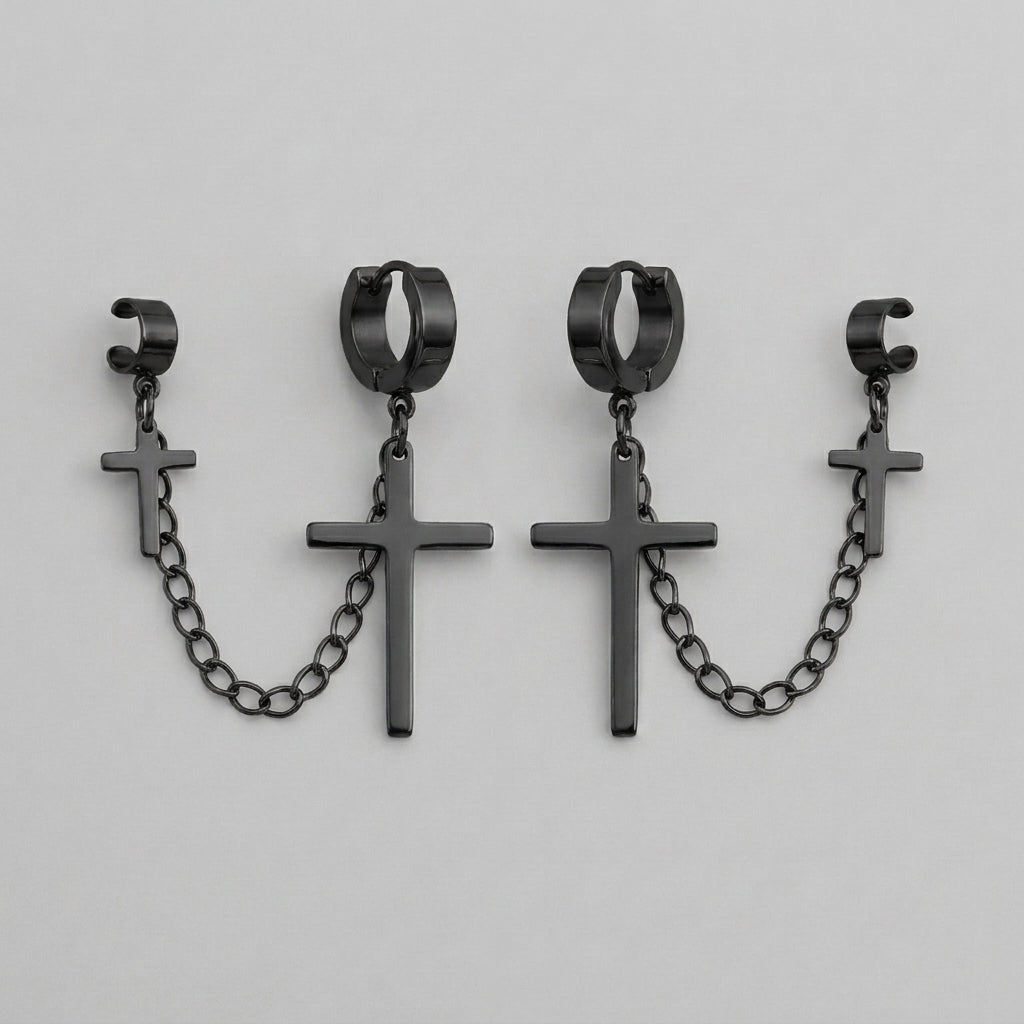 Black Double Cross Huggie & Cuff Earrings