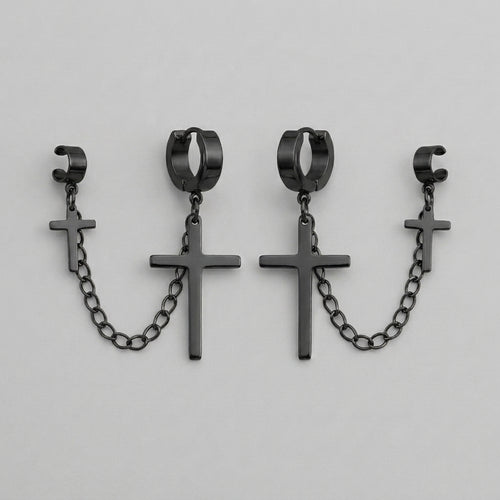 Black Double Cross Huggie & Cuff Earrings