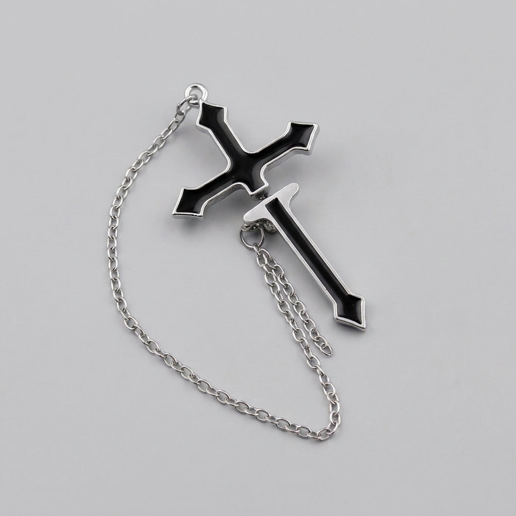 Black Enamel Cross & Dagger Chain Earring