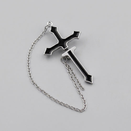 Black Enamel Cross & Dagger Chain Earring