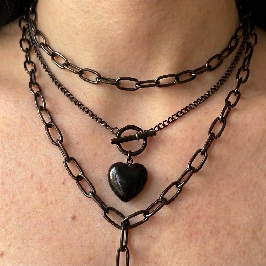 Black Heart Toggle Layered Chain Necklace