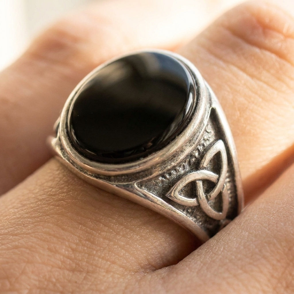 Black Onyx Celtic Triquetra Oval Ring