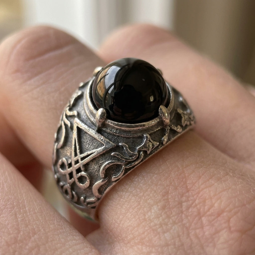 Black Onyx Sigil of Lucifer Baroque Ring