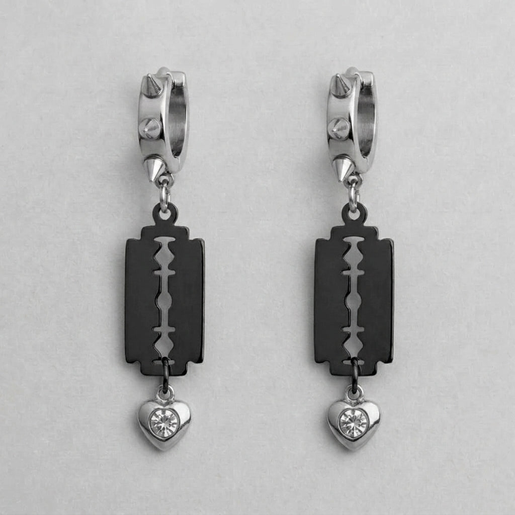 Black Razor Blade Crystal Heart Spiked Huggie Earrings