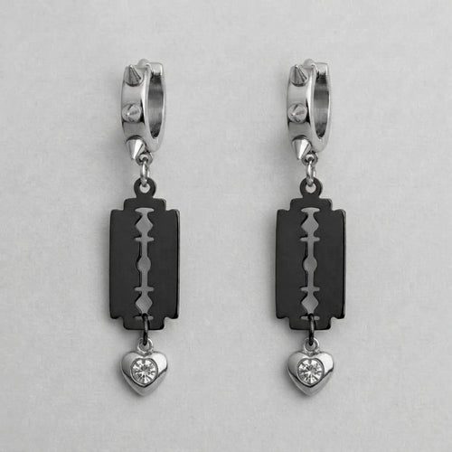 Black Razor Blade Crystal Heart Spiked Huggie Earrings