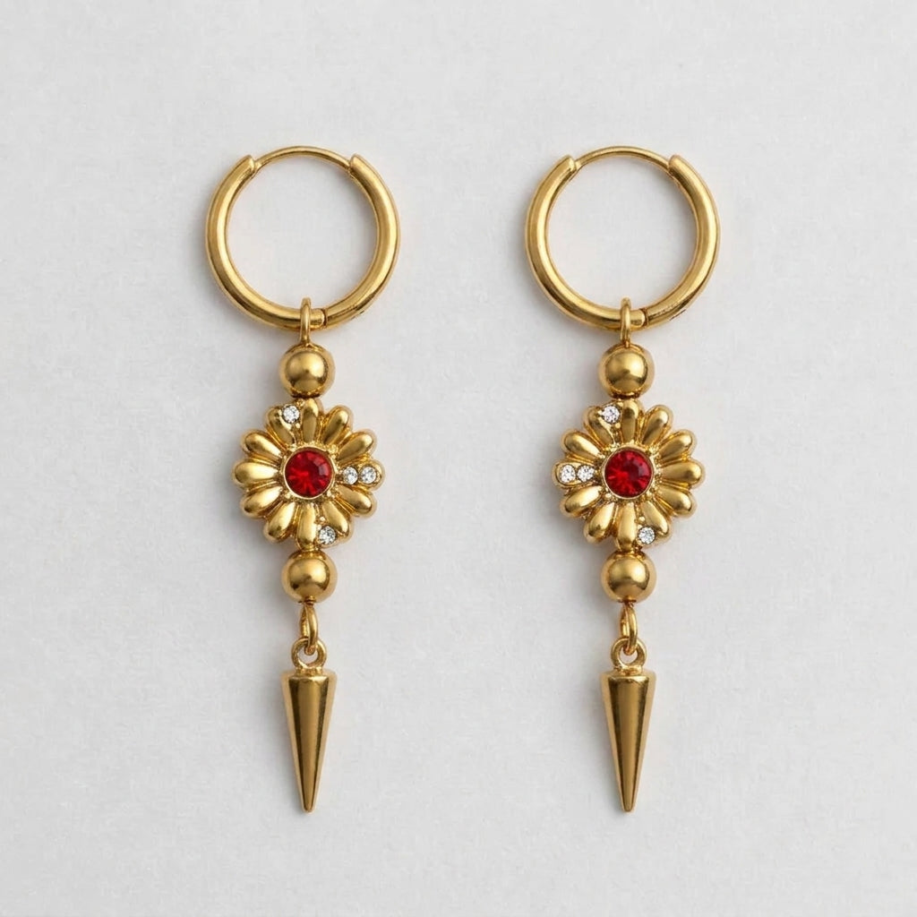 Blood Red Crystal Daisy Spike Drop Hoop Earrings
