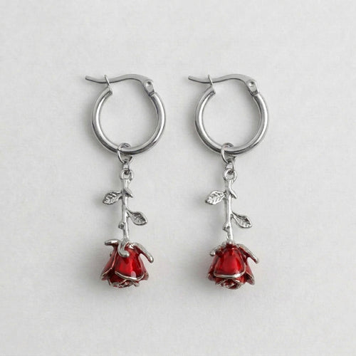 Blood Red Rose Stem Hoop Earrings