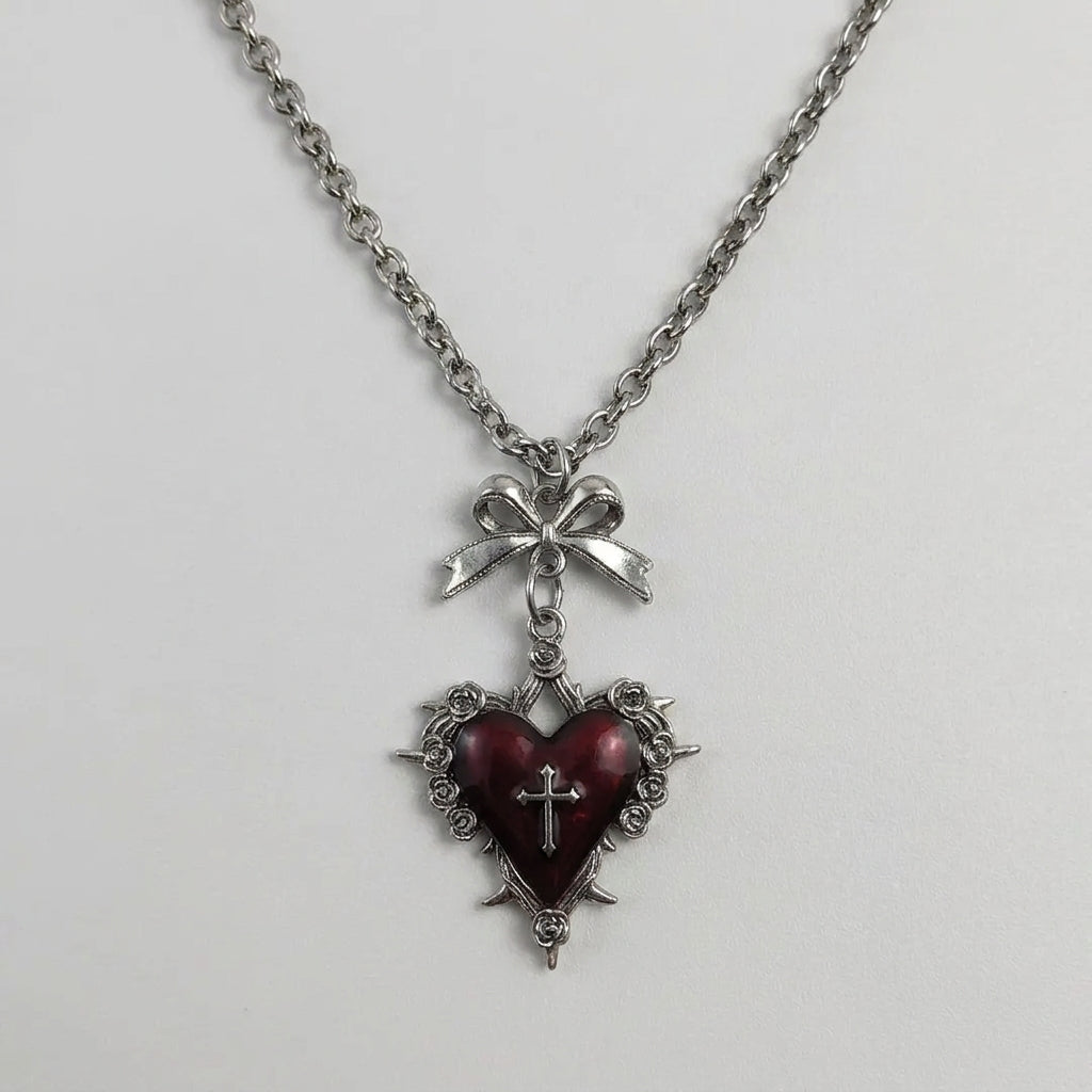 Blood Red Thorned Heart Cross & Bow Necklace