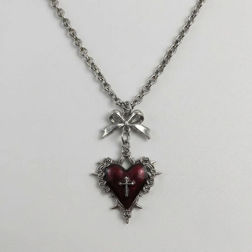 Blood Red Thorned Heart Cross & Bow Necklace